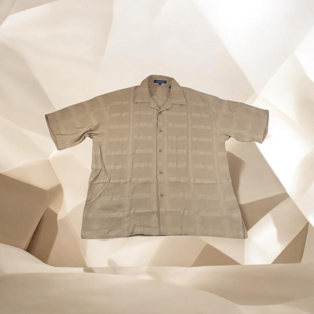 NWT Lorenier Silk Button Shirt Tan Windowpane L Luxury Business Natural Fibers
